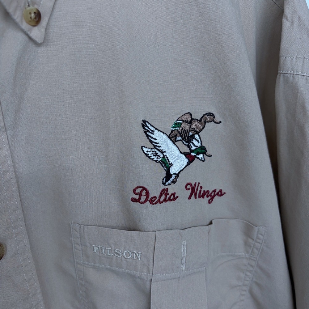 Vintage 2004 CC Filson Button Up Shirt XL Khaki Beige Delta Wings USA Made 652BD - Picture 4 of 8